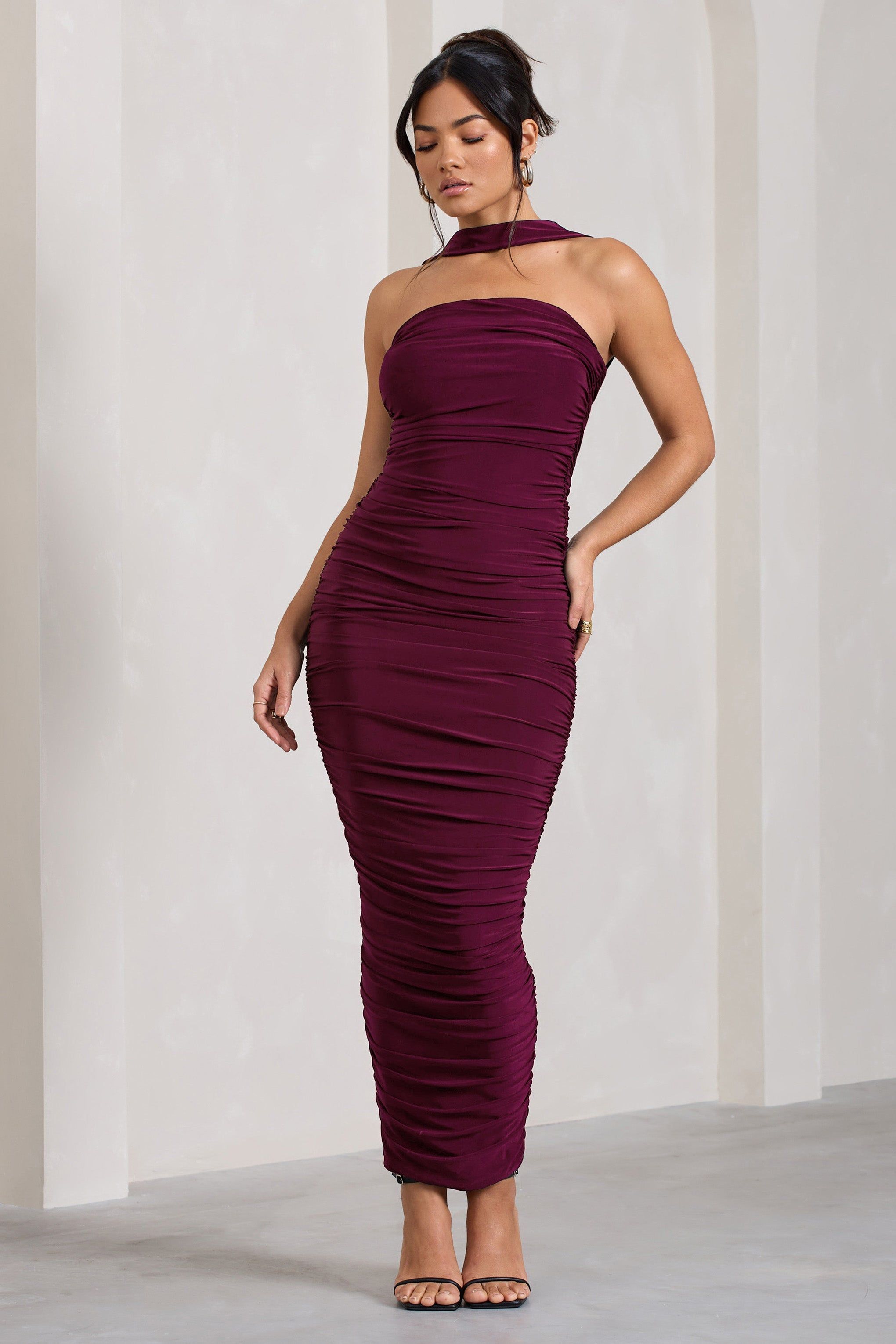 Entranced | Burgundy Ruched Bandeau Midi Dress With Halter Collar sold by Club L London product image thumbnail 4