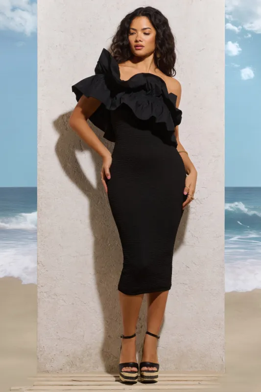 When In Rome | Black Asymmetric Ruffle Midi Dress sold by Club L London
