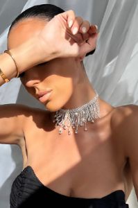 Victoria | Silver Choker Diamante Tassel Necklace sold by Club L London