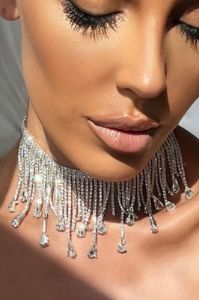 Victoria | Silver Choker Diamante Tassel Necklace sold by Club L London