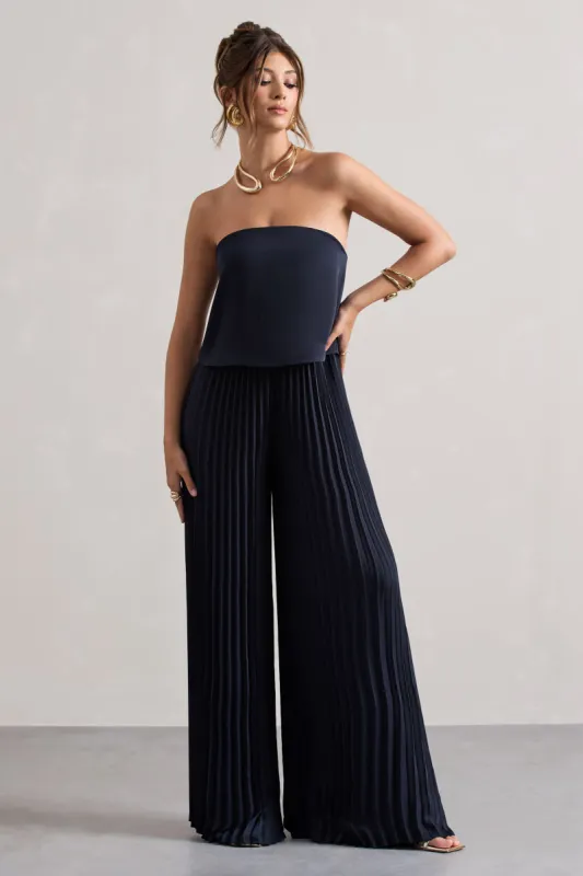 Tammi | Navy Satin Strapless Plisse Wide-Leg Jumpsuit sold by Club L London