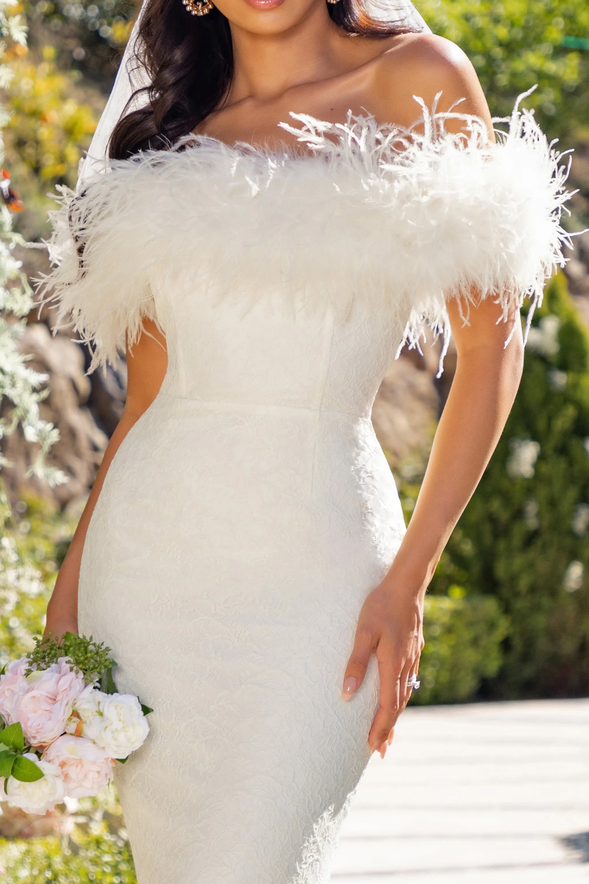 Idyll | White Lace Bardot Feather Fishtail Maxi Dress sold by Club L London product image thumbnail 5