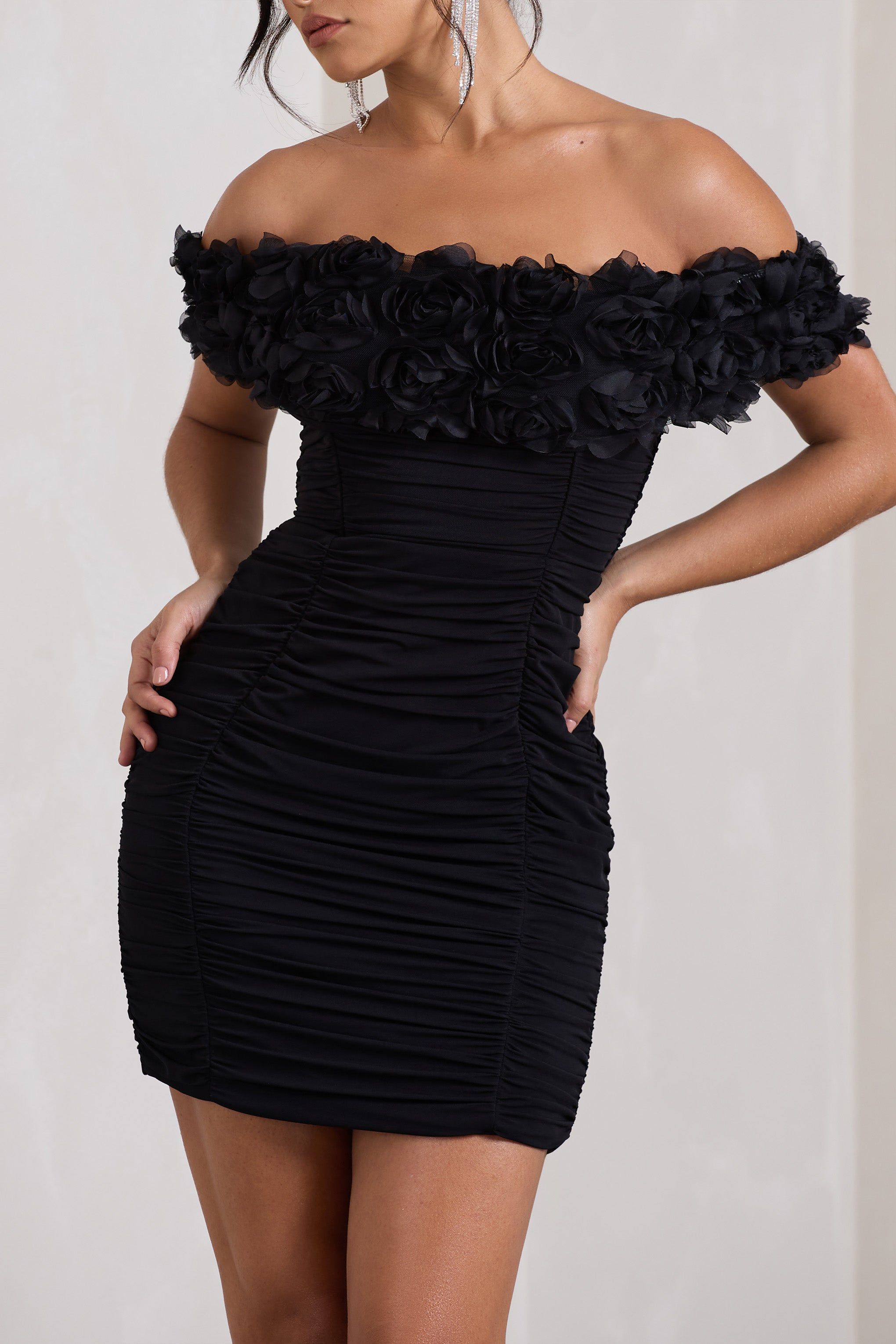 Pass A Glass | Black Ruched Bardot Mini Dress With Flowers sold by Club L London product image thumbnail 5