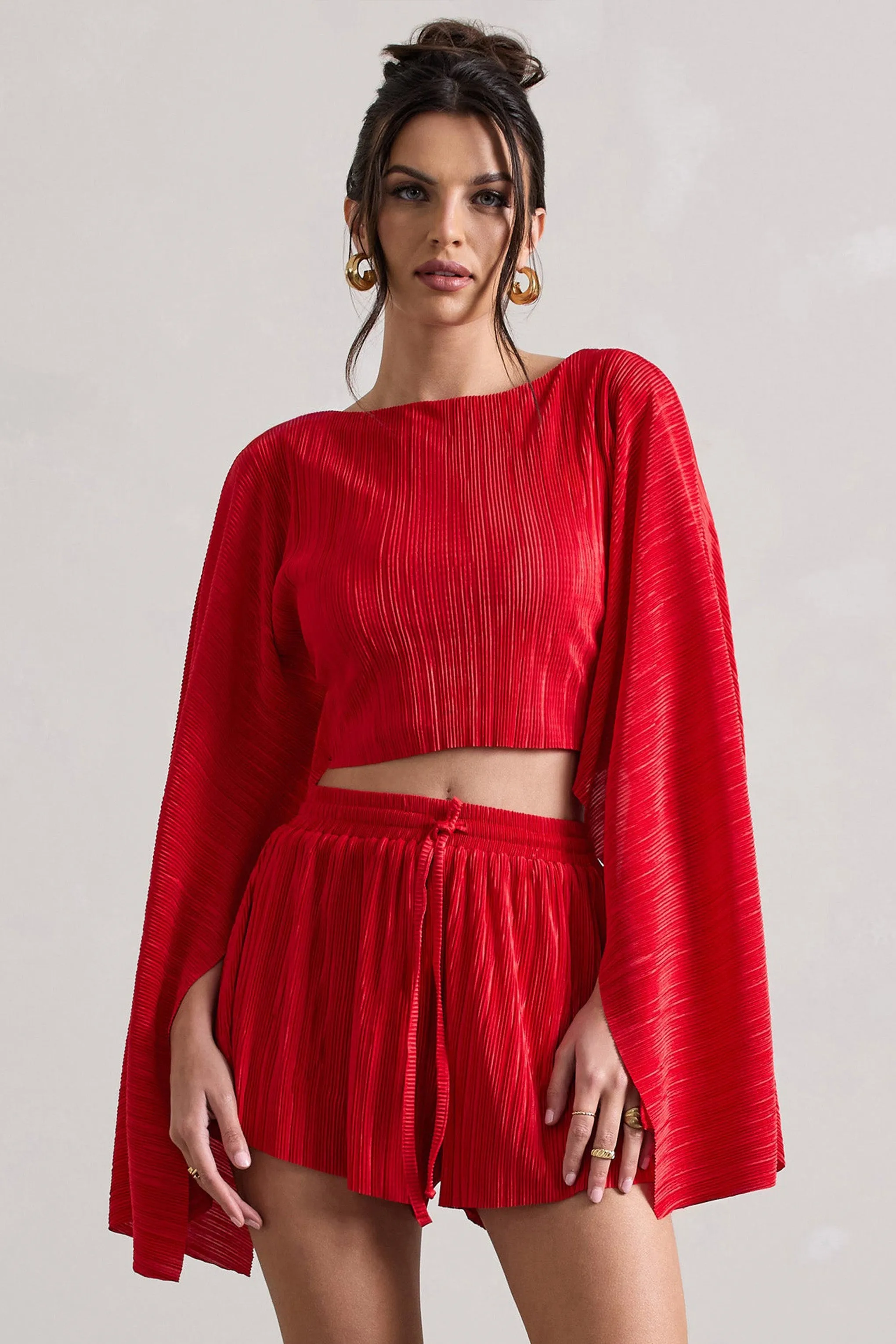Flare | Red Plisse Cape Sleeve Crop Top sold by Club L London product image thumbnail 4