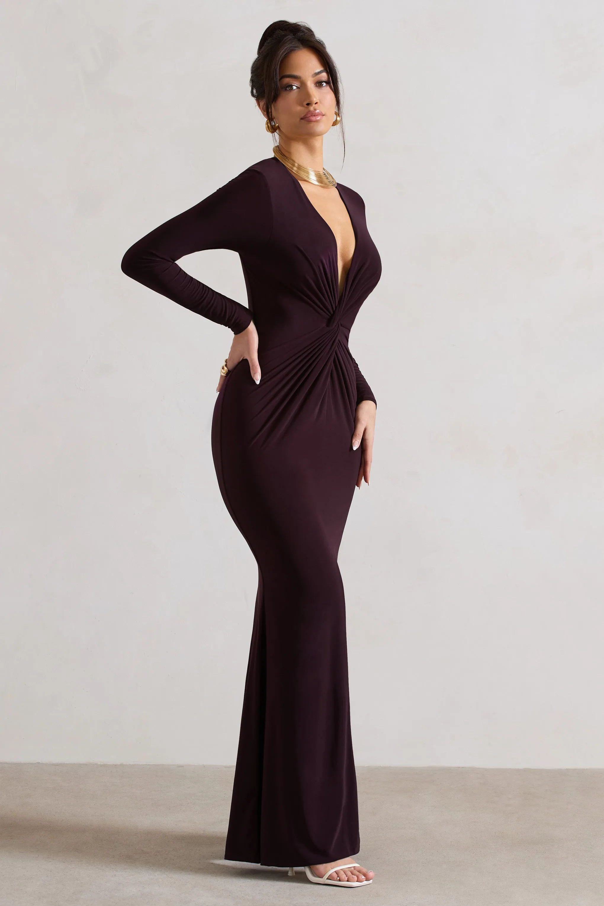 Tianna | Dark Plum Plunge-Neck Twisted Split Maxi Dress sold by Club L London product image thumbnail 4