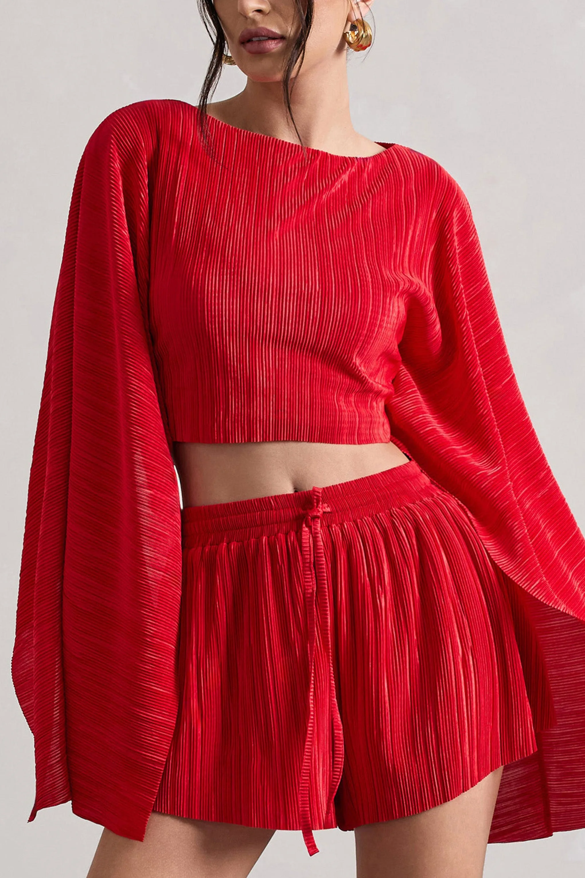 Flare | Red Plisse Cape Sleeve Crop Top sold by Club L London product image thumbnail 3