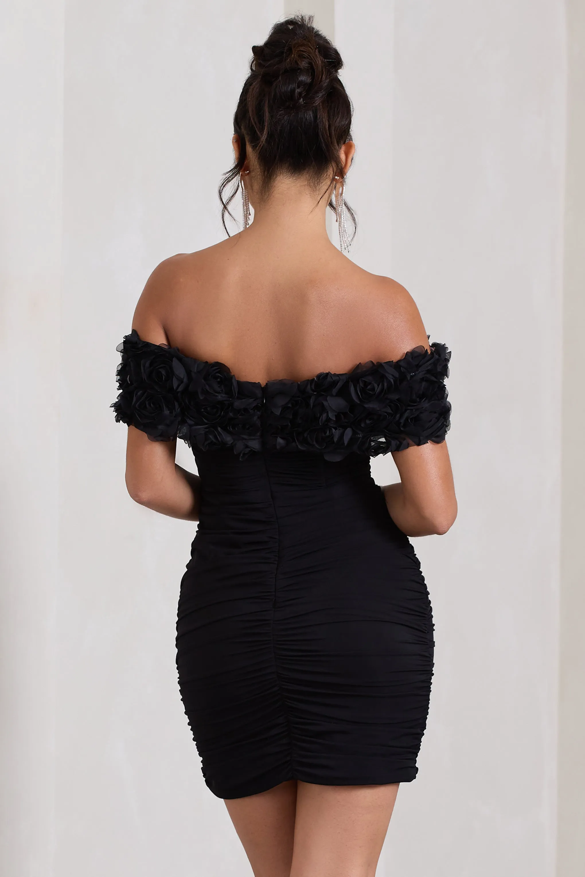 Pass A Glass | Black Ruched Bardot Micro Mini Dress With Flowers sold by Club L London product image thumbnail 2