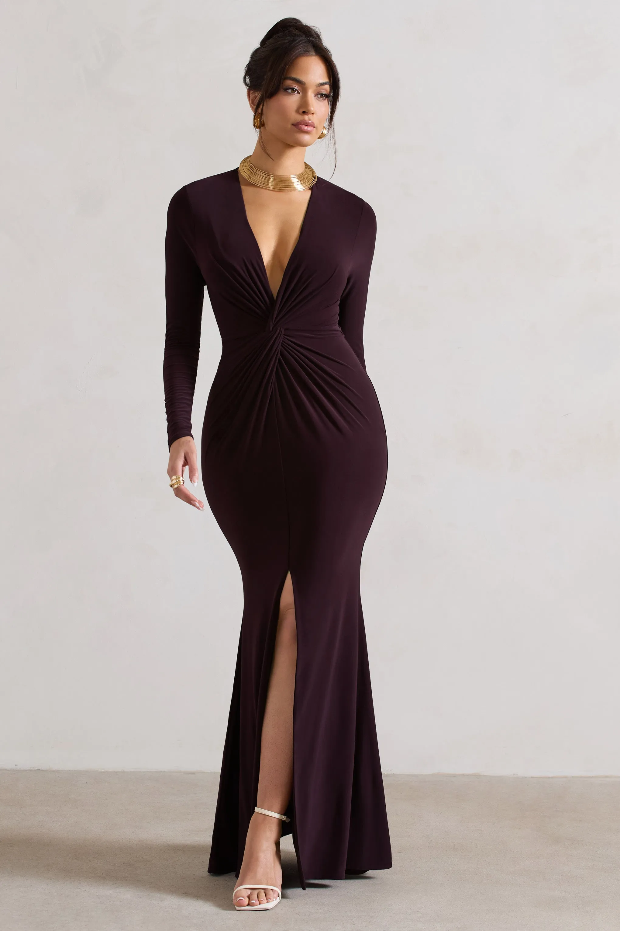 Tianna | Dark Plum Plunge-Neck Twisted Split Maxi Dress sold by Club L London