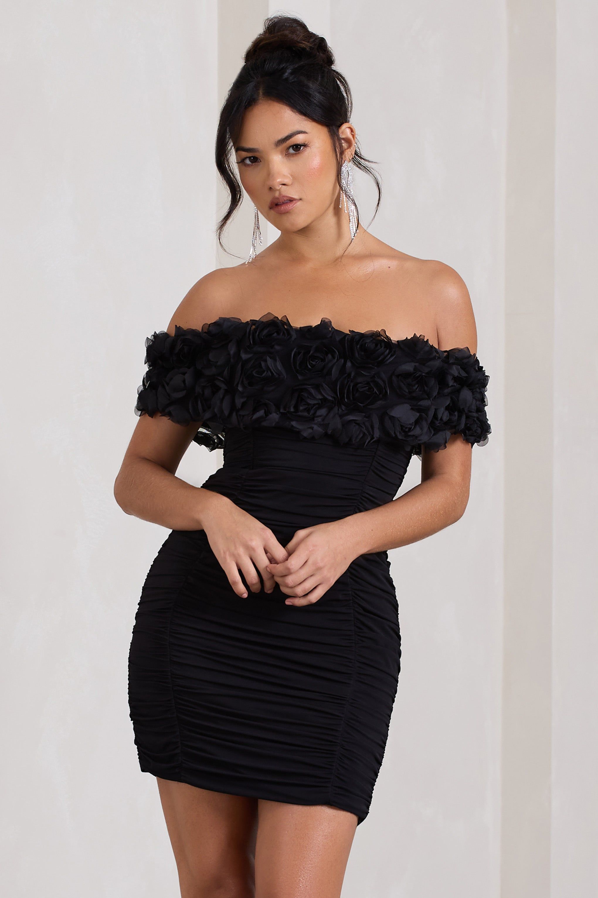 Pass A Glass | Black Ruched Bardot Mini Dress With Flowers sold by Club L London product image thumbnail 3