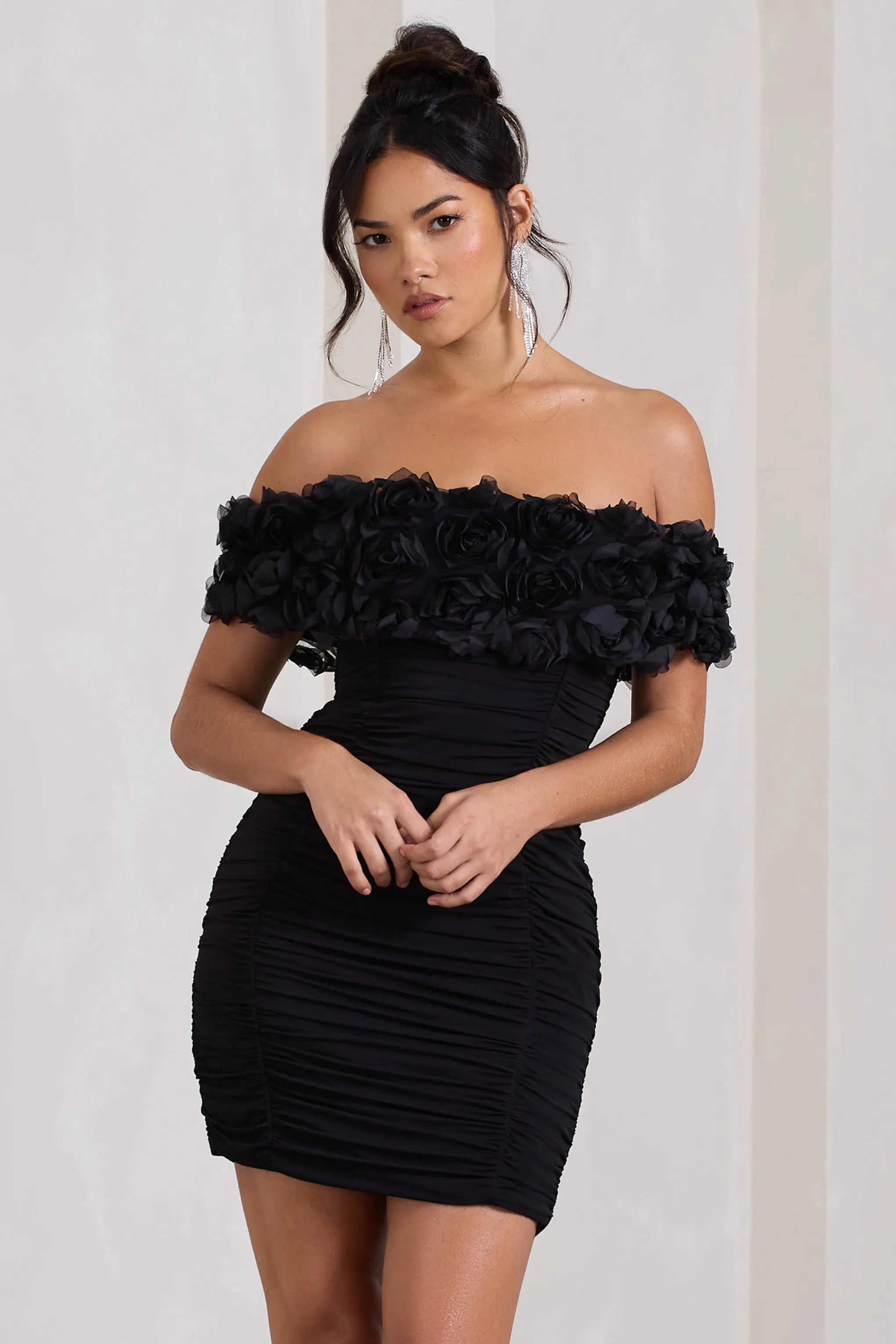 Pass A Glass | Black Ruched Bardot Micro Mini Dress With Flowers sold by Club L London product image thumbnail 4