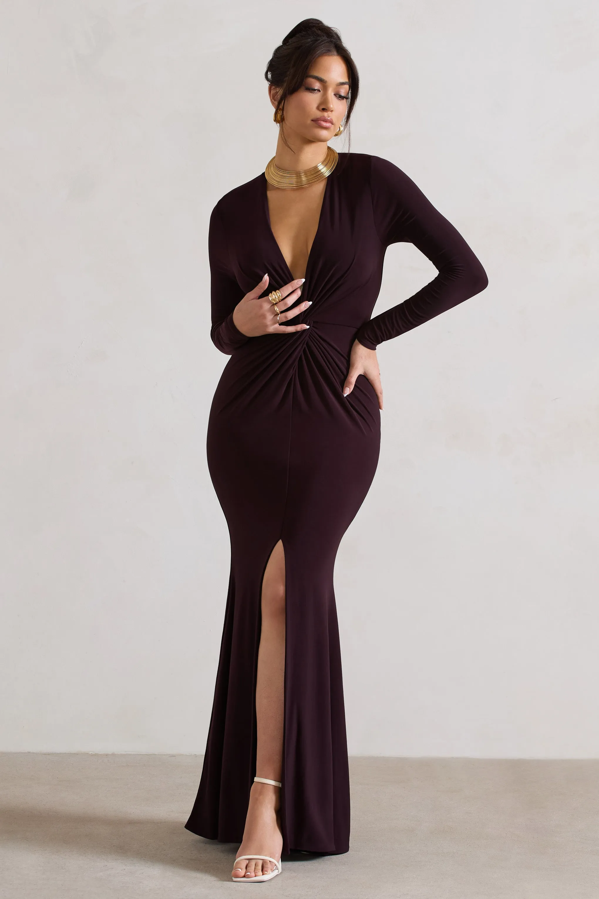 Tianna | Dark Plum Plunge-Neck Twisted Split Maxi Dress sold by Club L London product image thumbnail 5