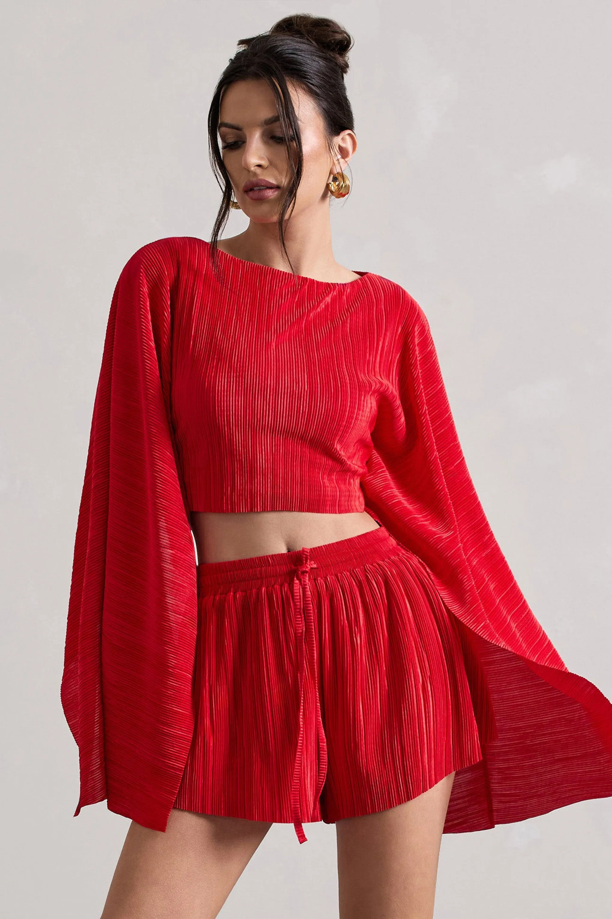 Flare | Red Plisse Cape Sleeve Crop Top sold by Club L London product image thumbnail 5