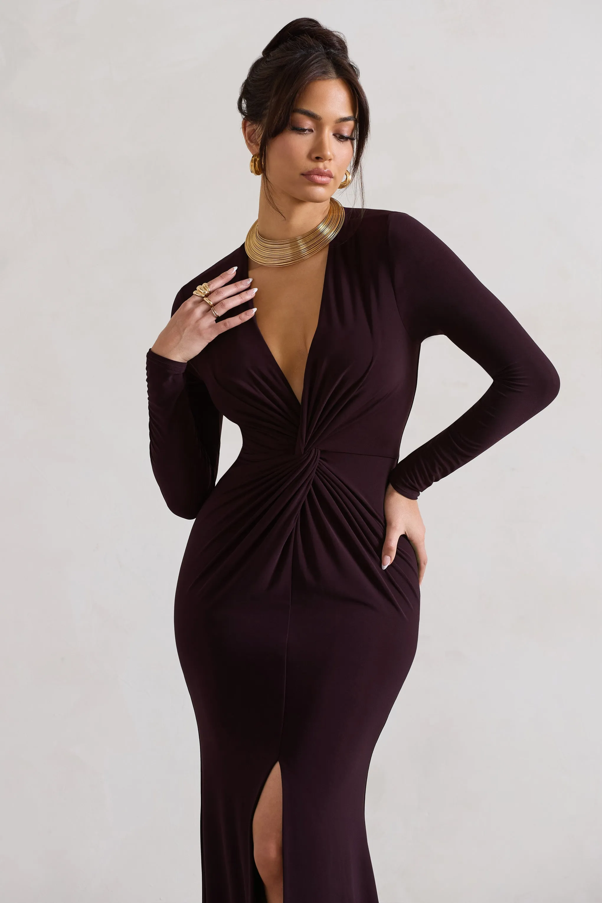 Tianna | Dark Plum Plunge-Neck Twisted Split Maxi Dress sold by Club L London product image thumbnail 3