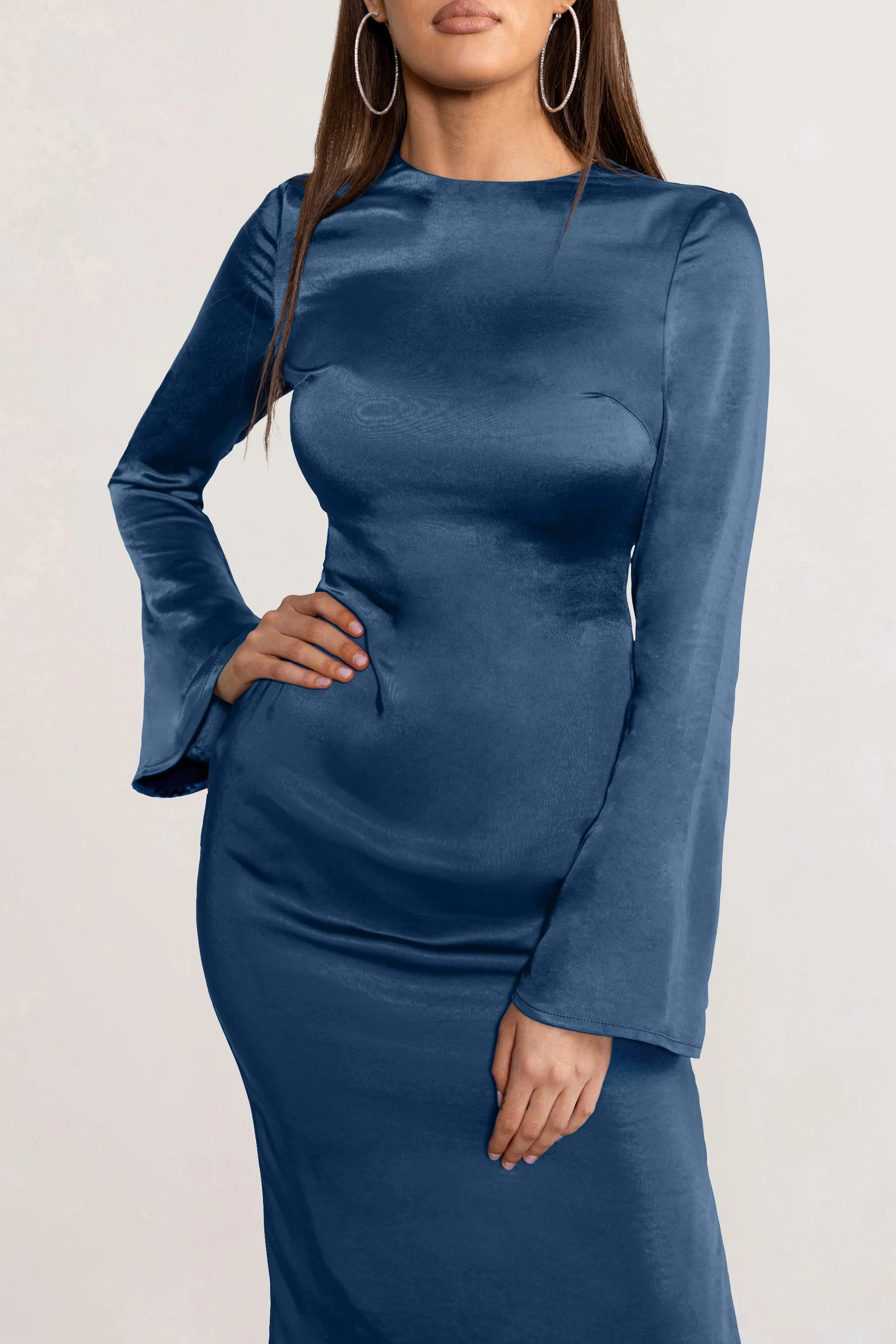 Laura | Navy Satin Long-Sleeve Midi Dress sold by Club L London product image thumbnail 3