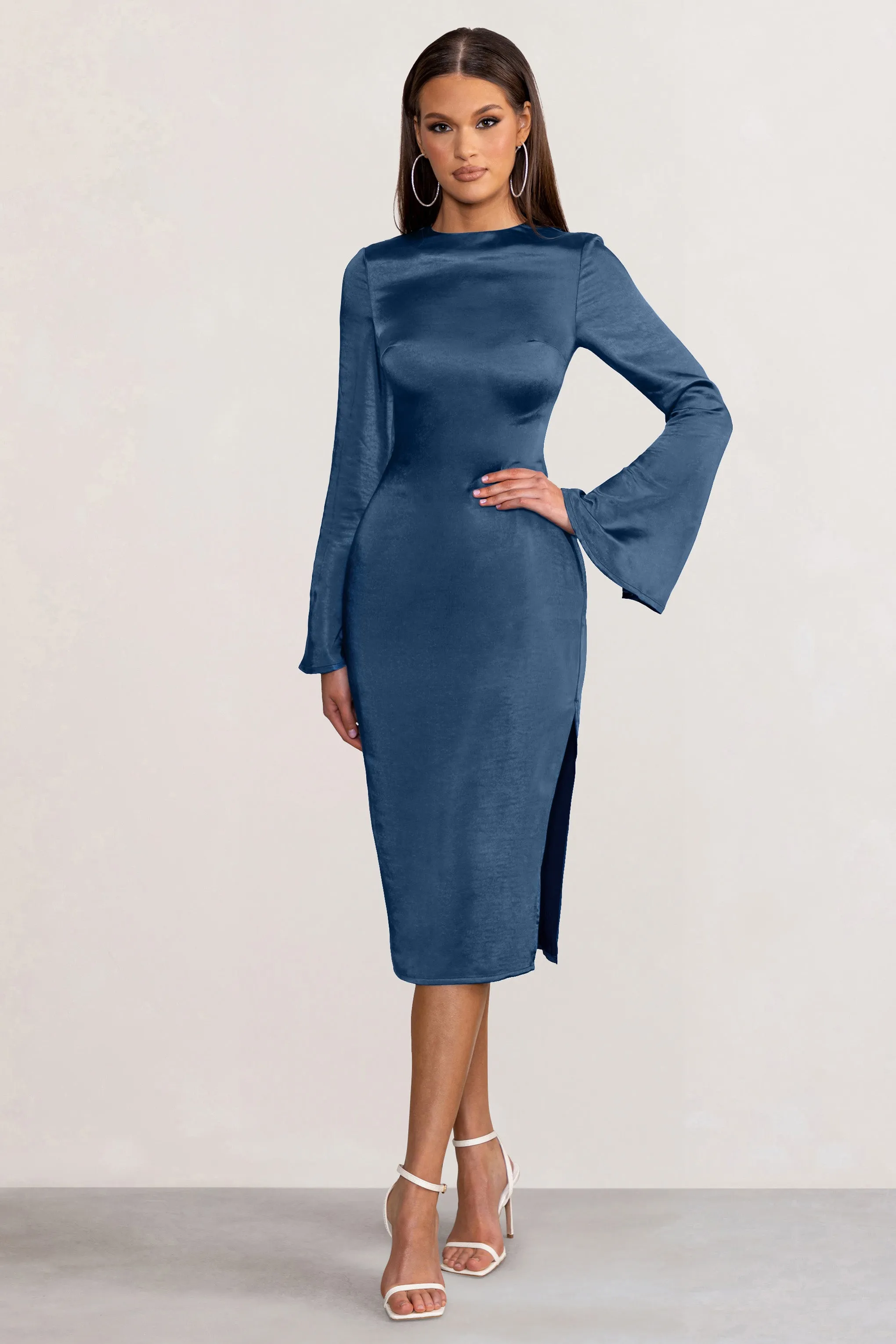 Laura | Navy Satin Long-Sleeve Midi Dress sold by Club L London
