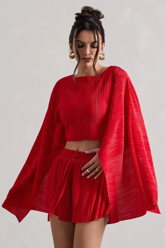 Flare | Red Plisse Cape Sleeve Crop Top sold by Club L London