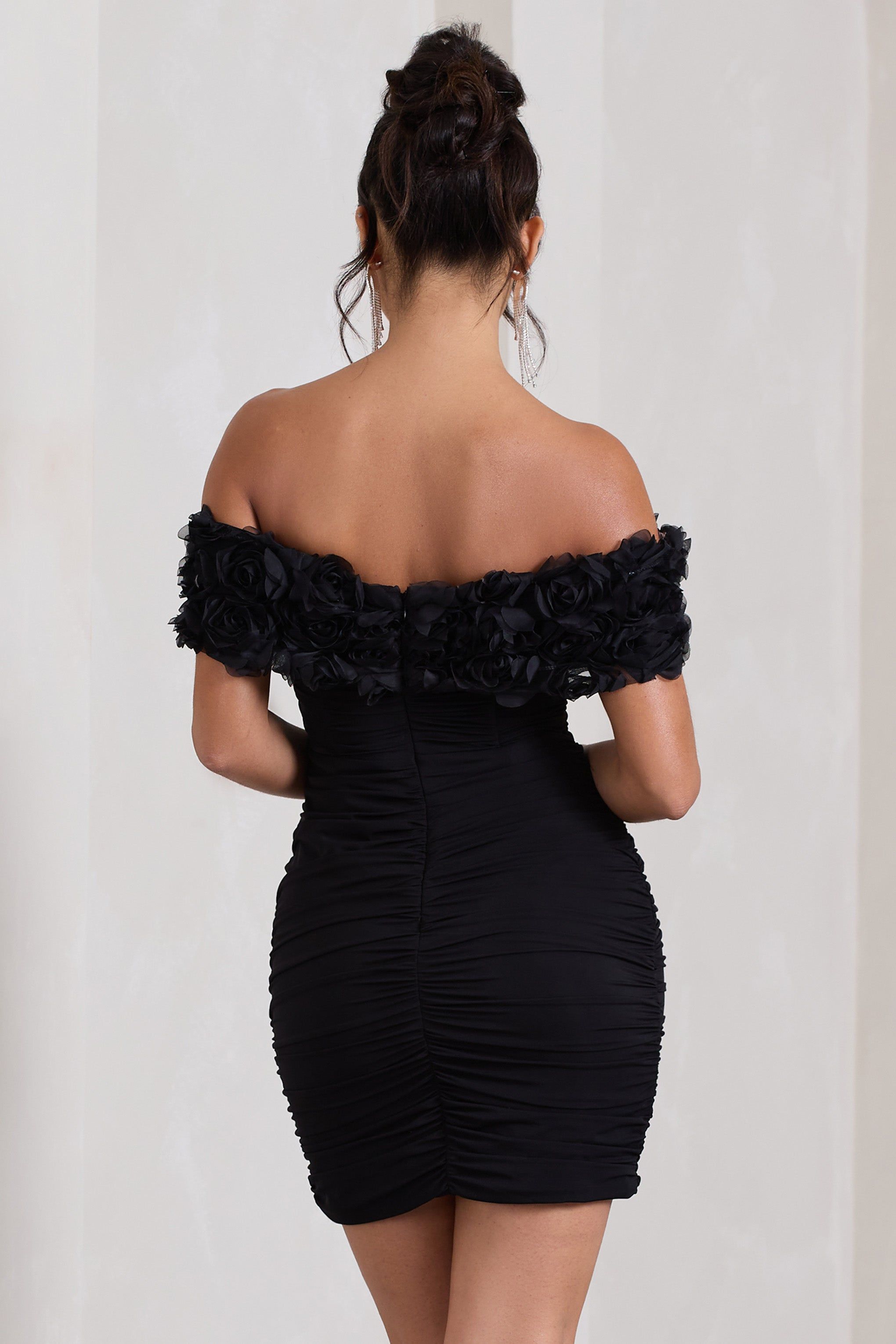 Pass A Glass | Black Ruched Bardot Mini Dress With Flowers sold by Club L London product image thumbnail 2
