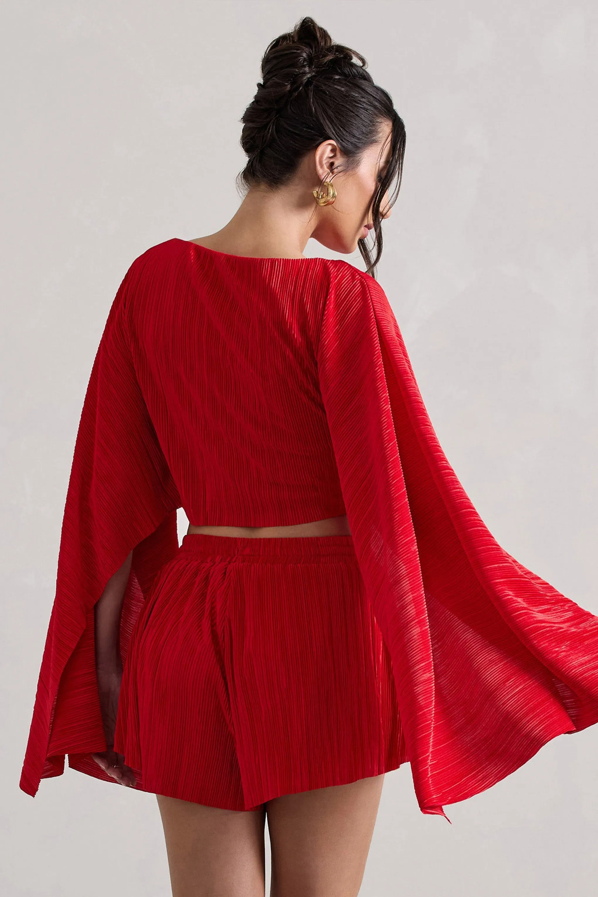 Flare | Red Plisse Cape Sleeve Crop Top sold by Club L London product image thumbnail 2