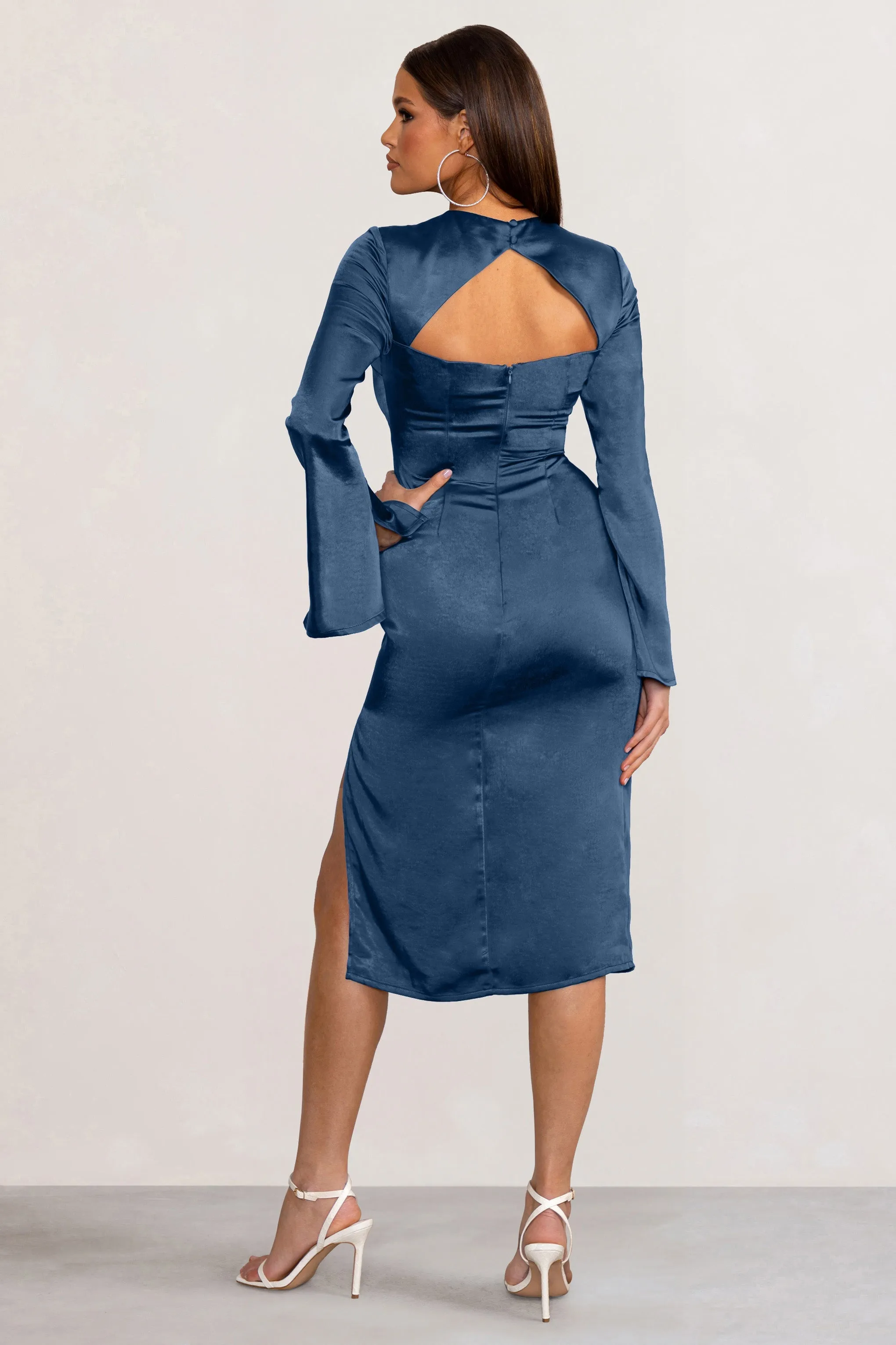 Laura | Navy Satin Long-Sleeve Midi Dress sold by Club L London product image thumbnail 2