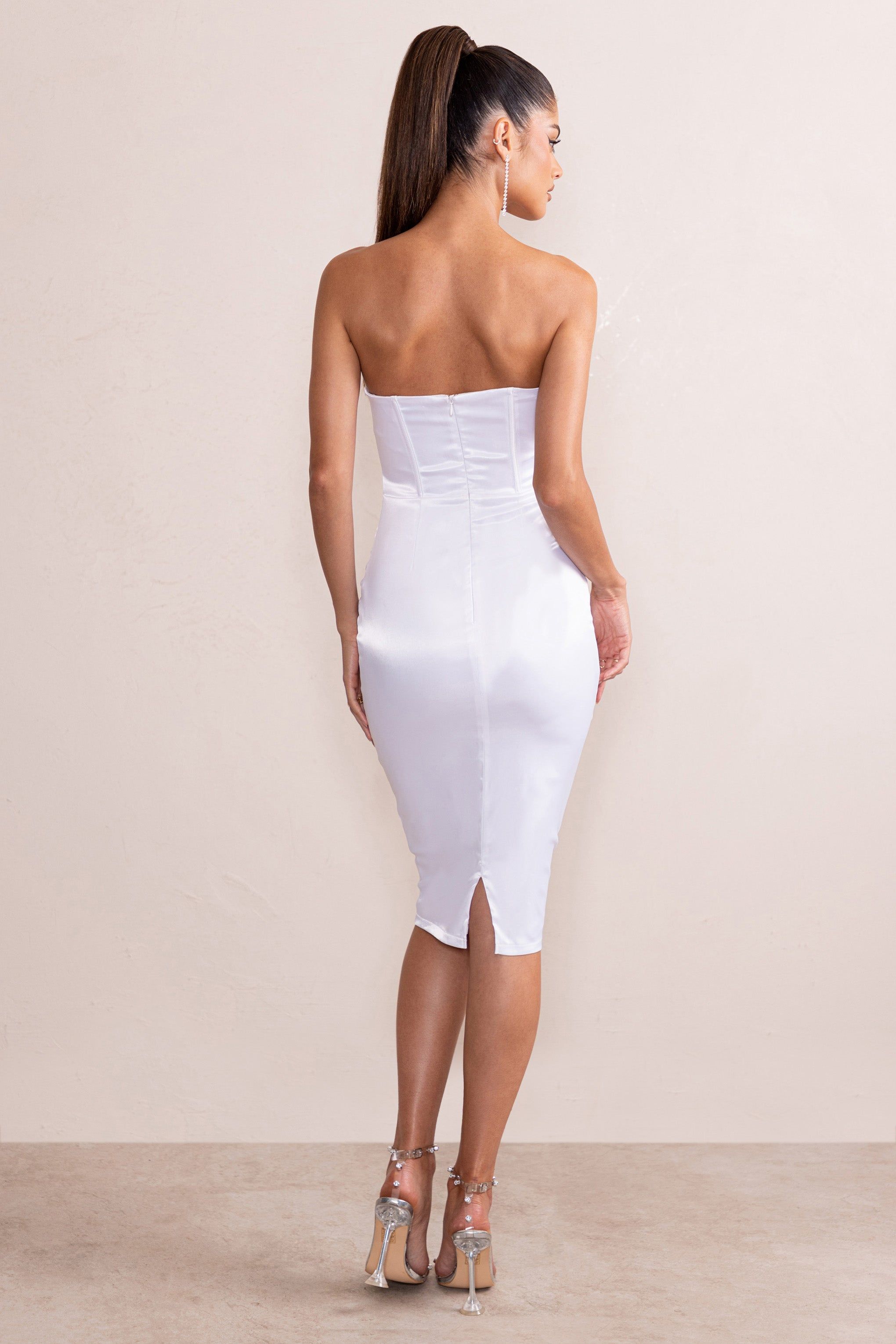 Anne | White Satin Layered Corset Detail Midi Dress sold by Club L London product image thumbnail 2