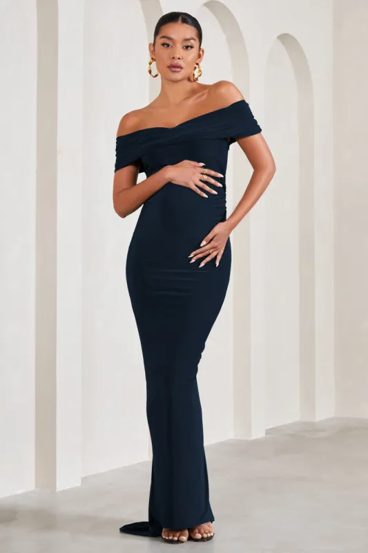 Carmen | Navy Bardot Maternity Maxi Dress sold by Club L London