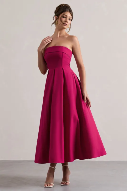 Annalise | Hot Pink Bandeau Skater Midi Dress sold by Club L London