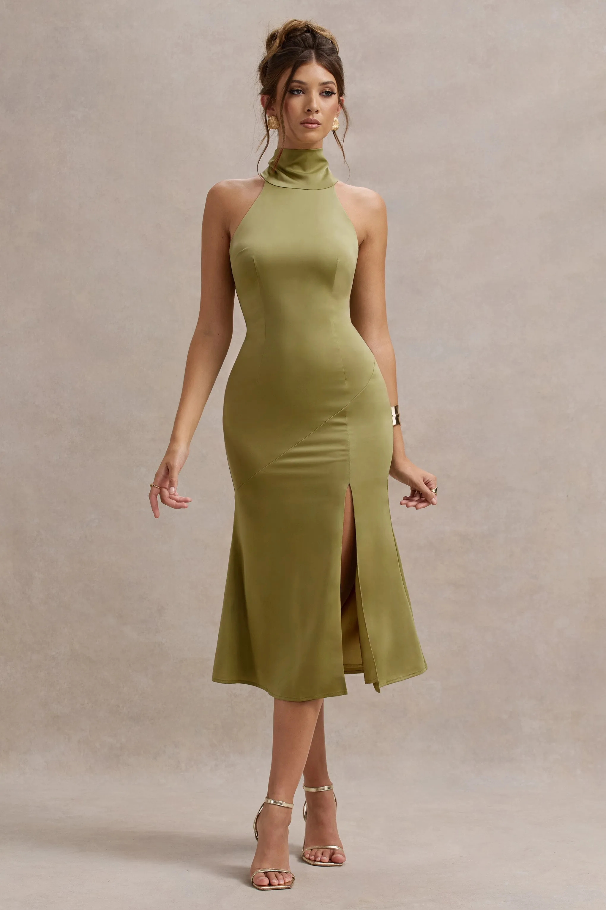 Violette | Olive Satin High-Neck Split Midi Dress sold by Club L London