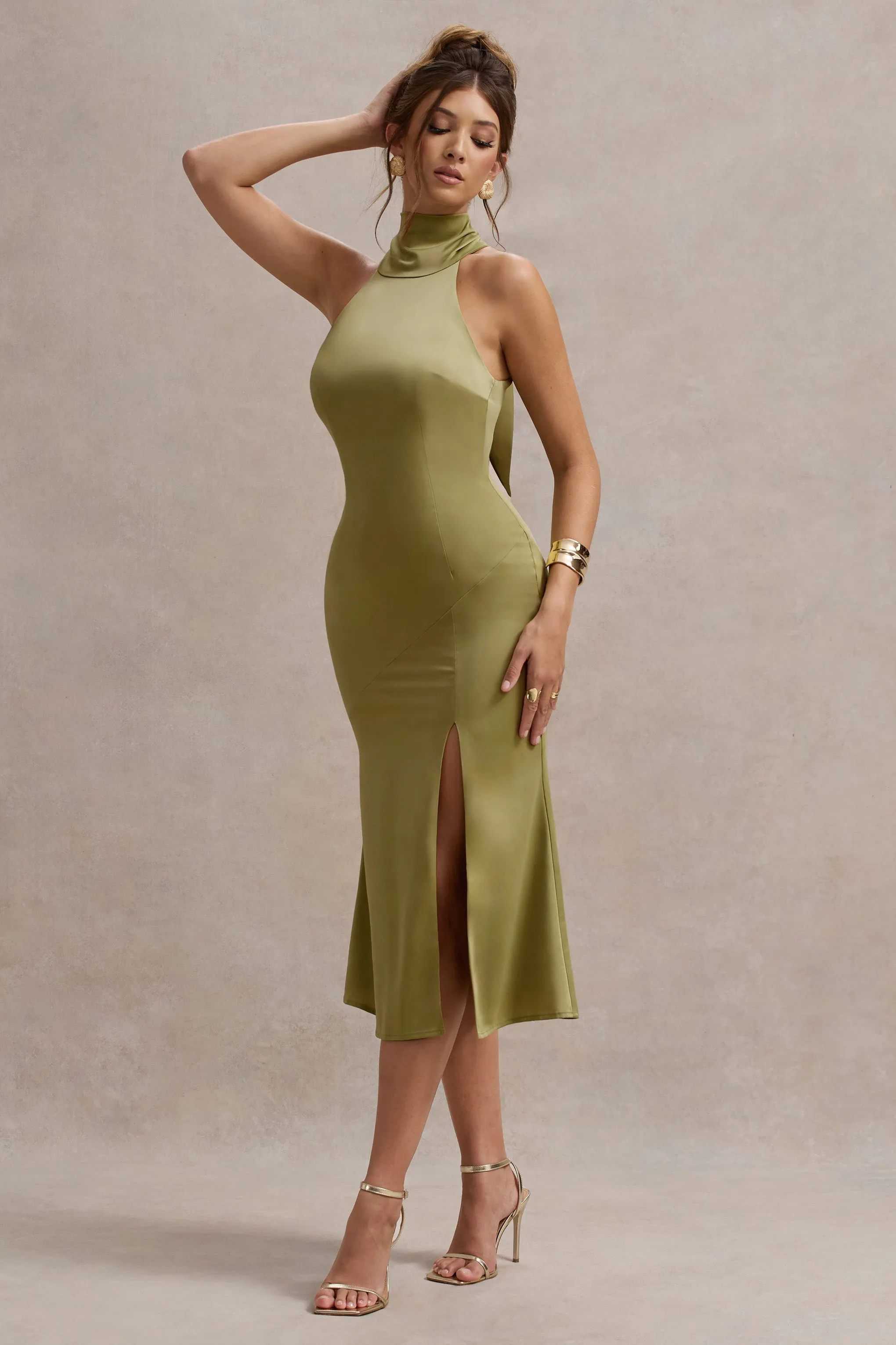 Violette | Olive Satin High-Neck Split Midi Dress sold by Club L London product image thumbnail 4