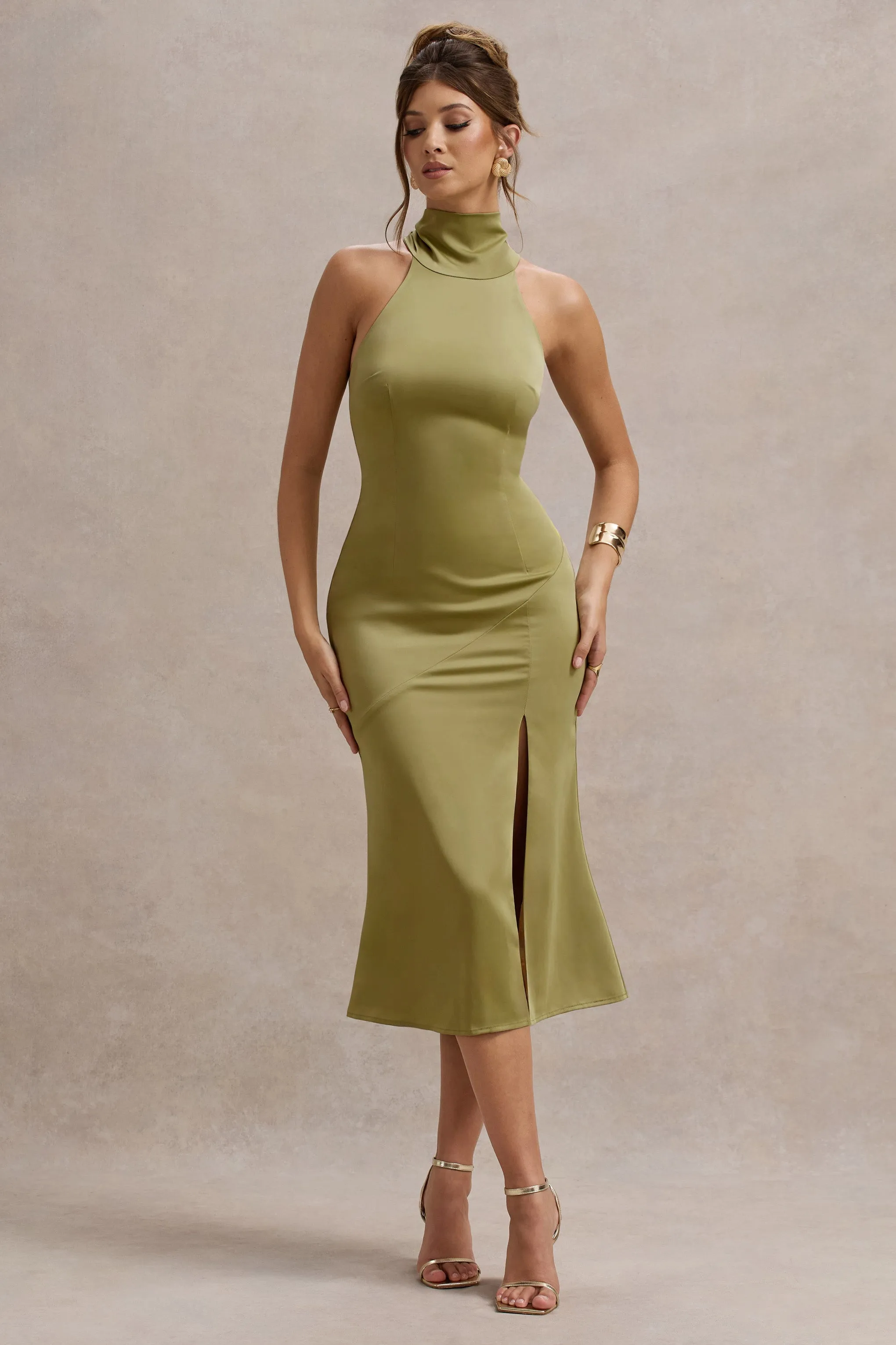 Violette | Olive Satin High-Neck Split Midi Dress sold by Club L London product image thumbnail 5