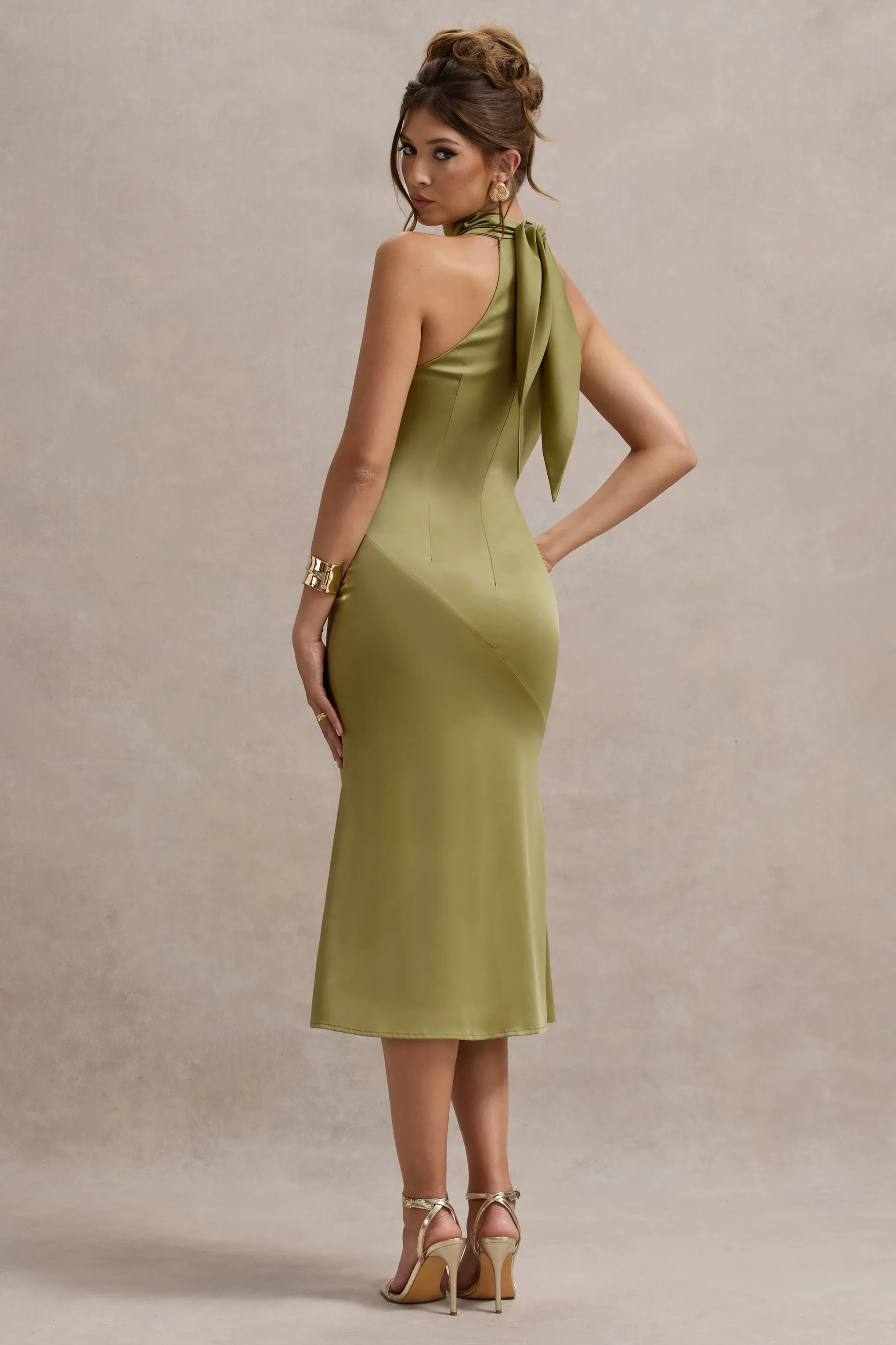 Violette | Olive Satin High-Neck Split Midi Dress sold by Club L London product image thumbnail 2