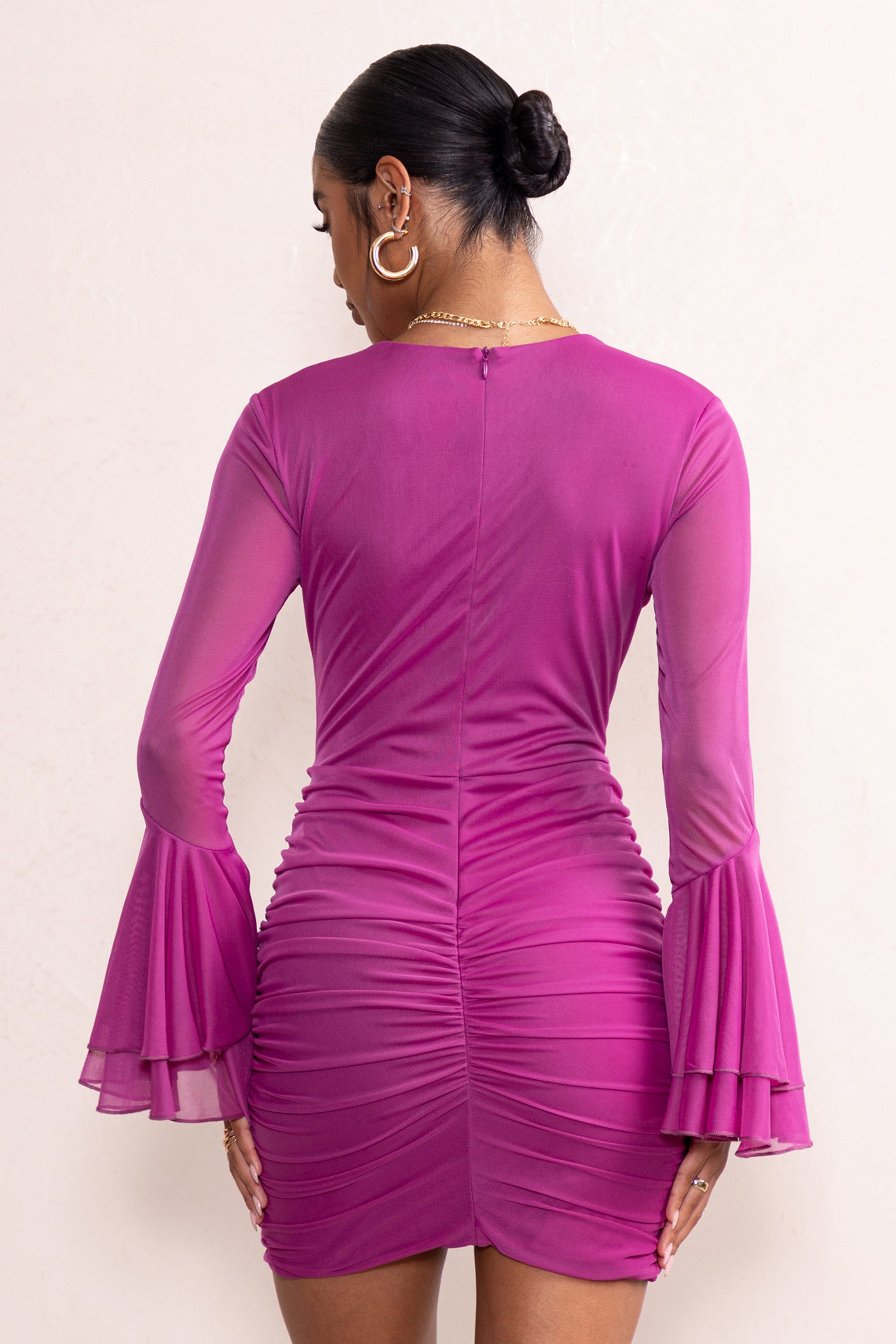Leilani | Orchid Ruched Deep Plunge Chiffon Mini Dress With Ruffled Sleeves sold by Club L London product image thumbnail 2