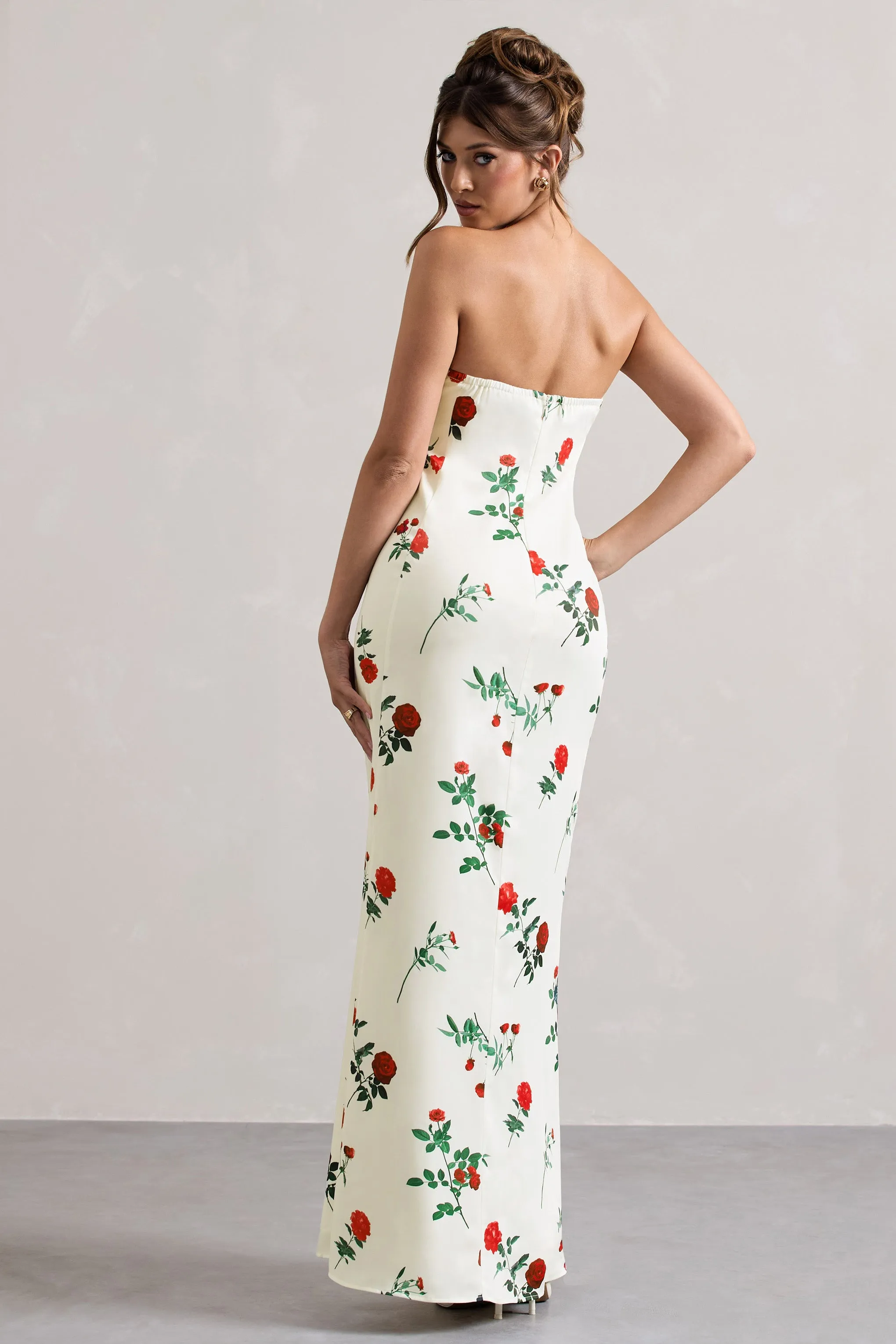 Azra | Rose Print Satin Bandeau Maxi Dress sold by Club L London product image thumbnail 2