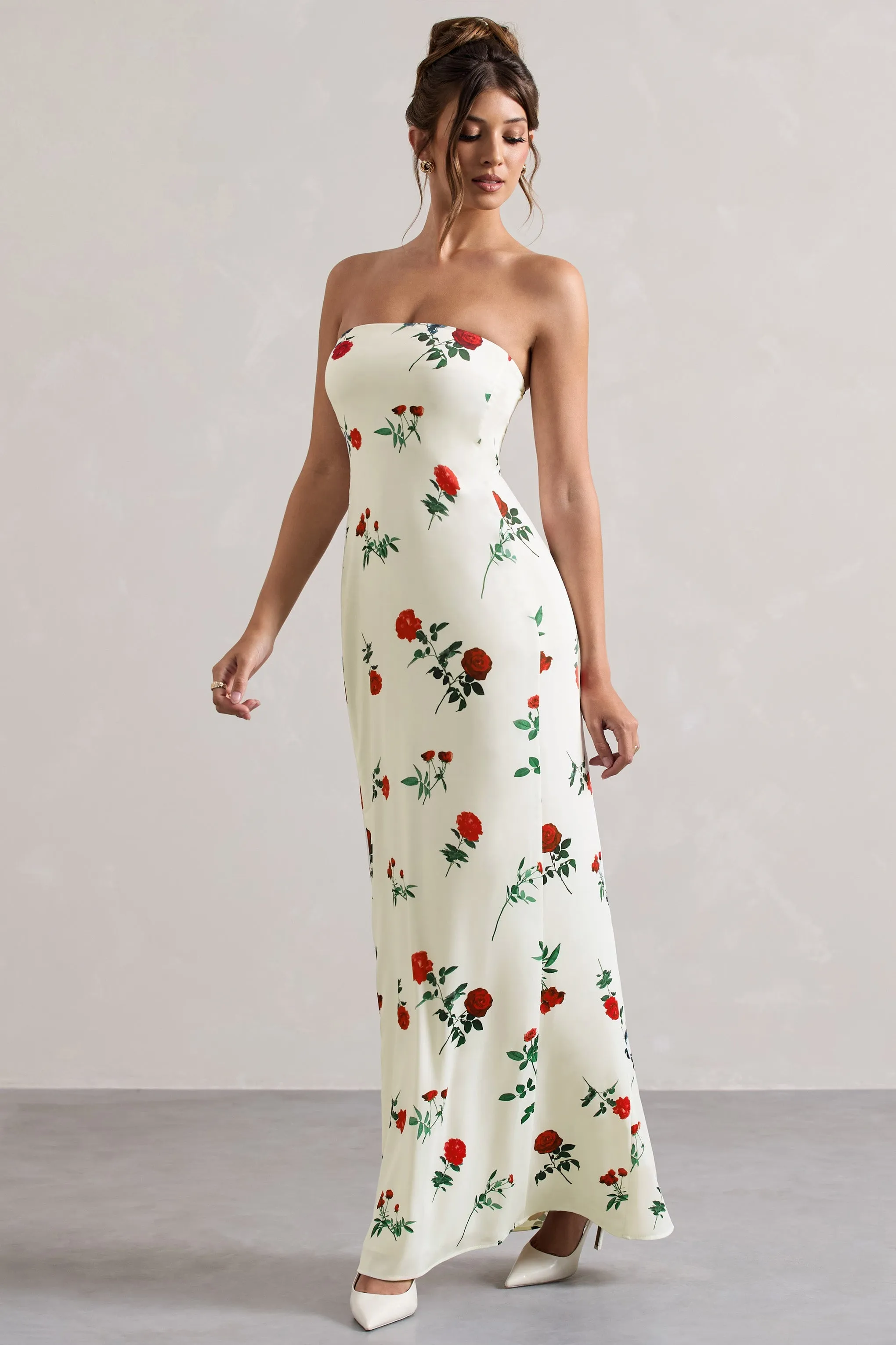 Azra | Rose Print Satin Bandeau Maxi Dress sold by Club L London product image thumbnail 4