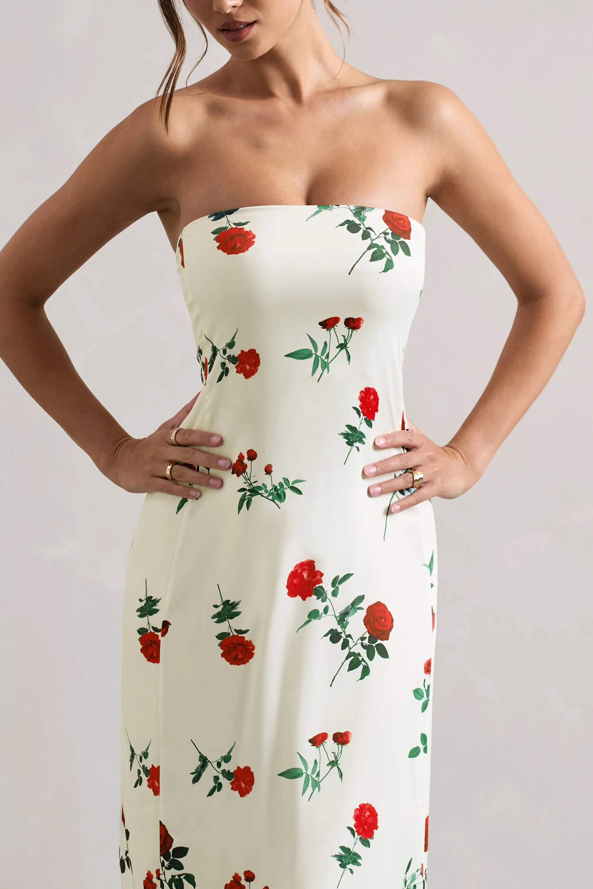 Azra | Rose Print Satin Bandeau Maxi Dress sold by Club L London product image thumbnail 3