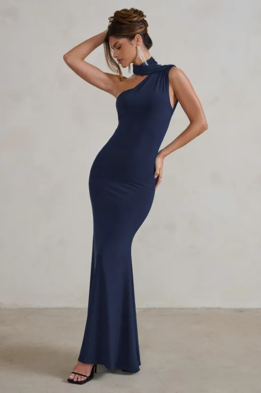 Capucine | Navy One Shoulder Draped Maxi Dress sold by Club L London