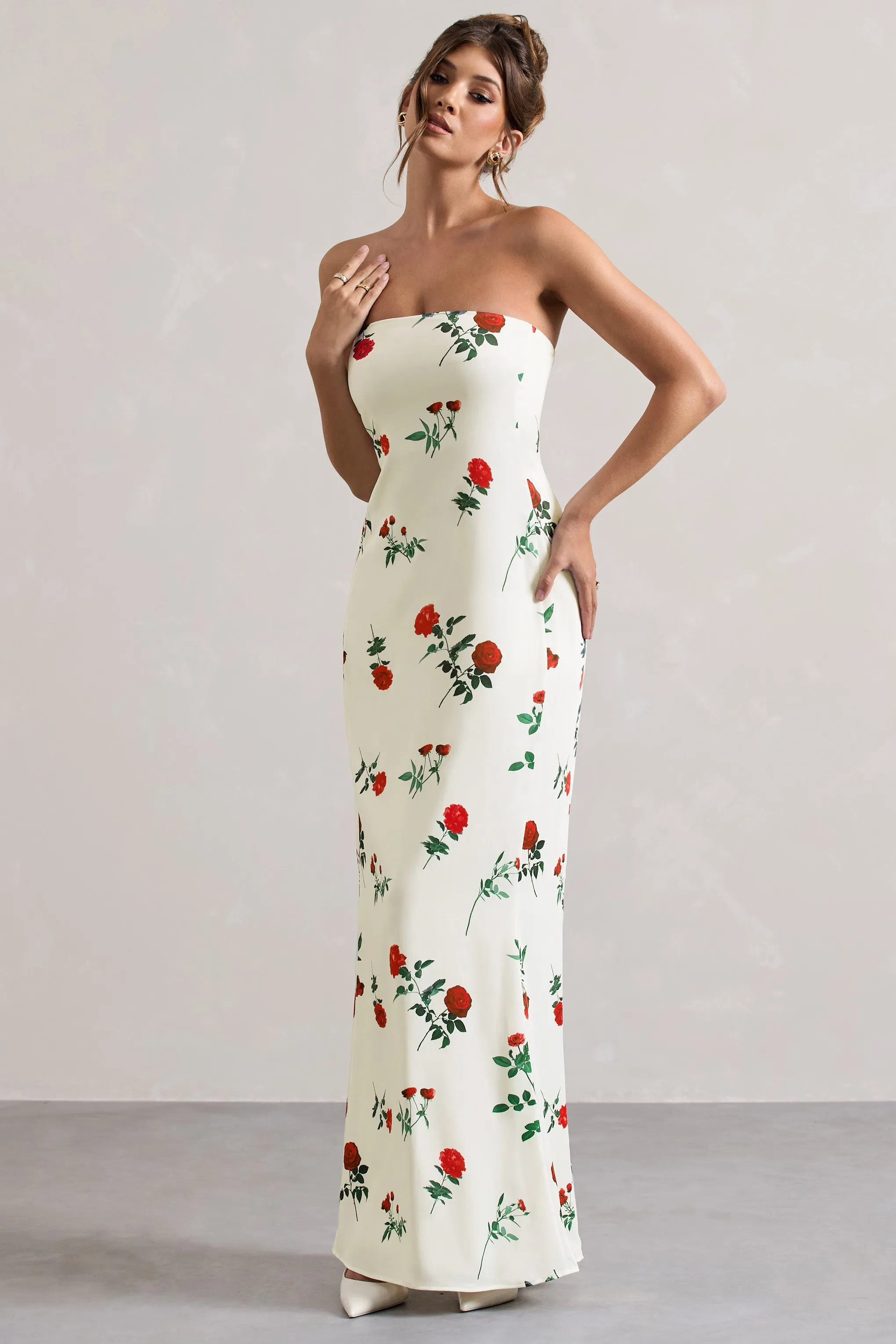Azra | Rose Print Satin Bandeau Maxi Dress sold by Club L London product image thumbnail 5
