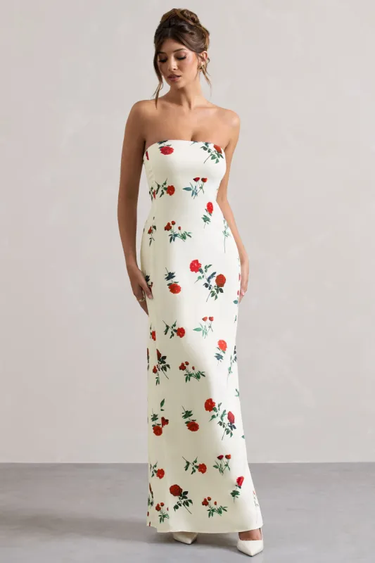 Azra | Rose Print Satin Bandeau Maxi Dress sold by Club L London