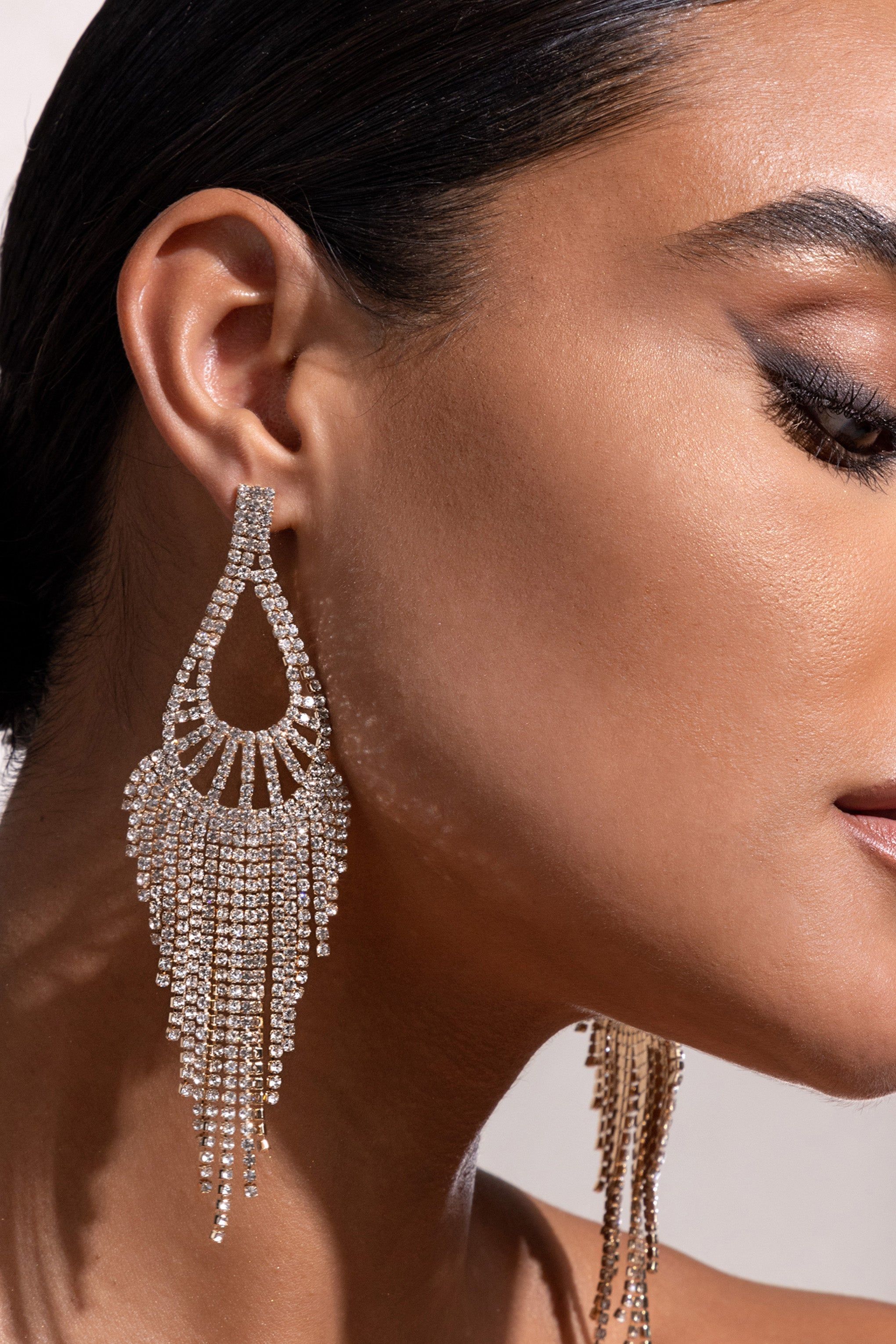 Fiorenza | Gold Diamante Teardrop Tassel Earrings sold by Club L London product image thumbnail 3