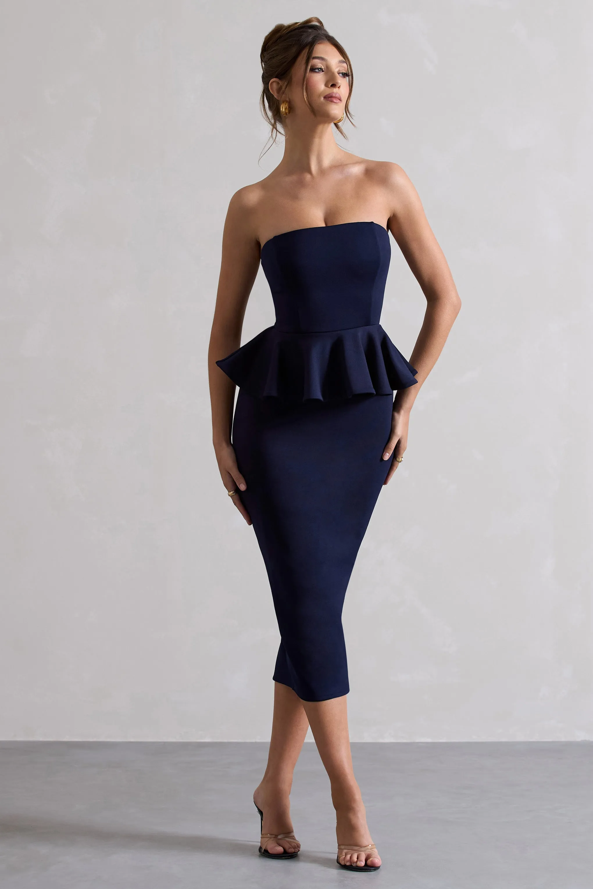 Chicago | Navy Bodycon Bandeau Midi Dress With Peplum Detail sold by Club L London product image thumbnail 4