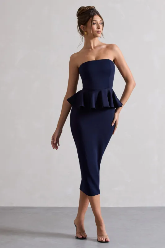 Chicago | Navy Bodycon Bandeau Midi Dress With Peplum Detail sold by Club L London