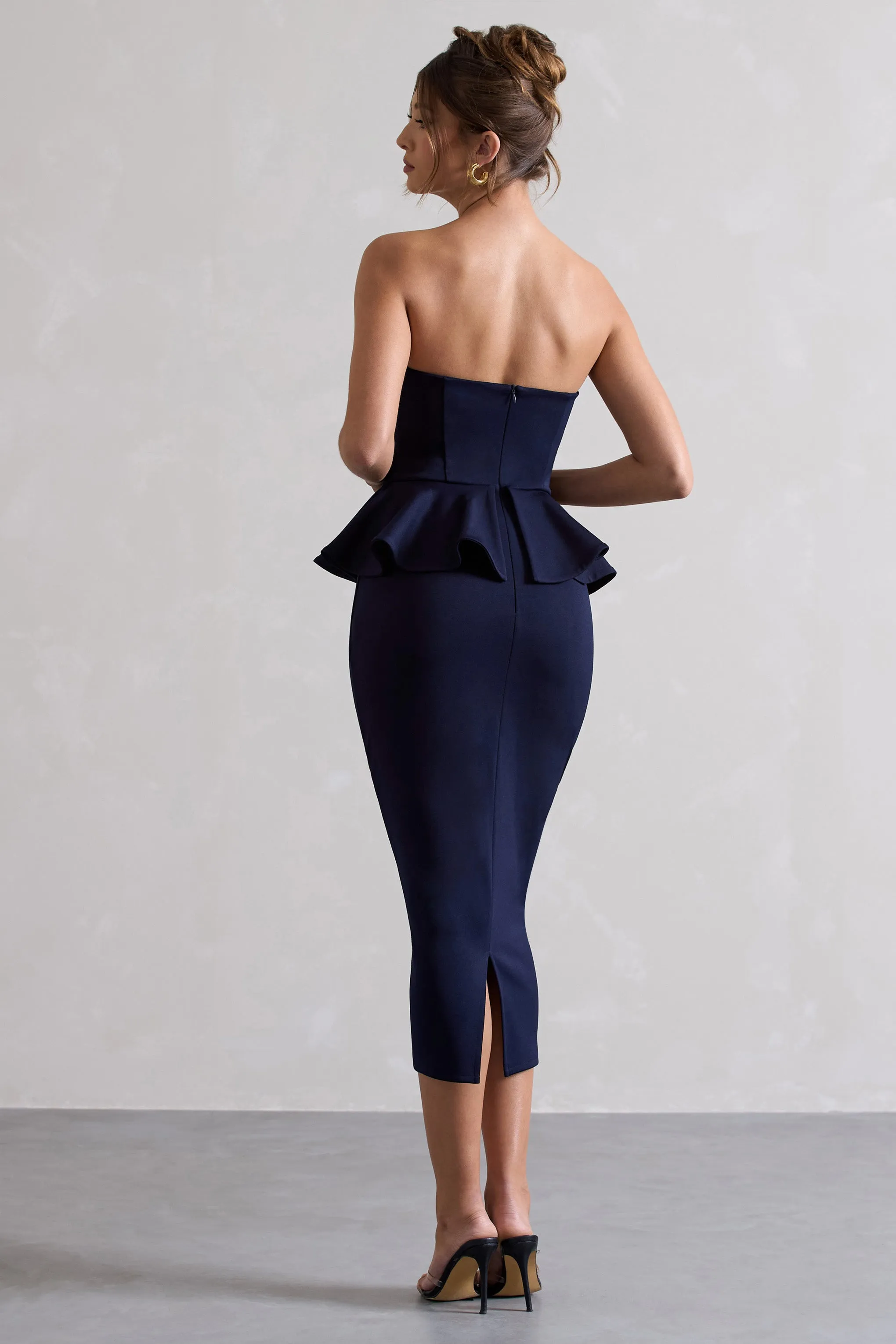 Chicago | Navy Bodycon Bandeau Midi Dress With Peplum Detail sold by Club L London product image thumbnail 2