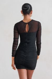 Daiquiri | Black Ruched Cut Out Mesh Mini Dress With Long Sleeves sold by Club L London