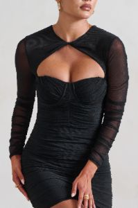 Daiquiri | Black Ruched Cut Out Mesh Mini Dress With Long Sleeves sold by Club L London