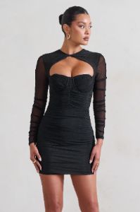 Daiquiri | Black Ruched Cut Out Mesh Mini Dress With Long Sleeves sold by Club L London
