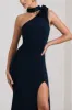 In Suspense | Navy One Shoulder Halter-Neck Split Maxi Dress With Flower sold by Club L London