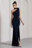In Suspense | Navy One Shoulder Halter-Neck Split Maxi Dress With Flower sold by Club L London