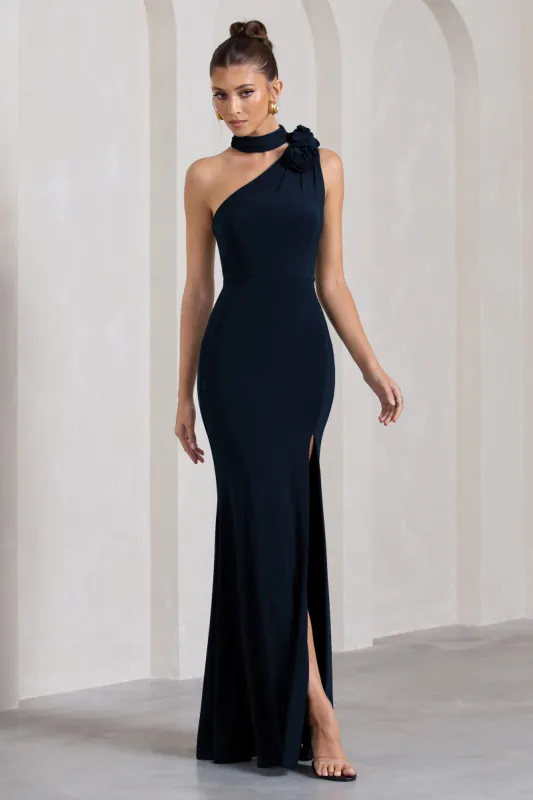 In Suspense | Navy One Shoulder Halter-Neck Split Maxi Dress With Flower sold by Club L London
