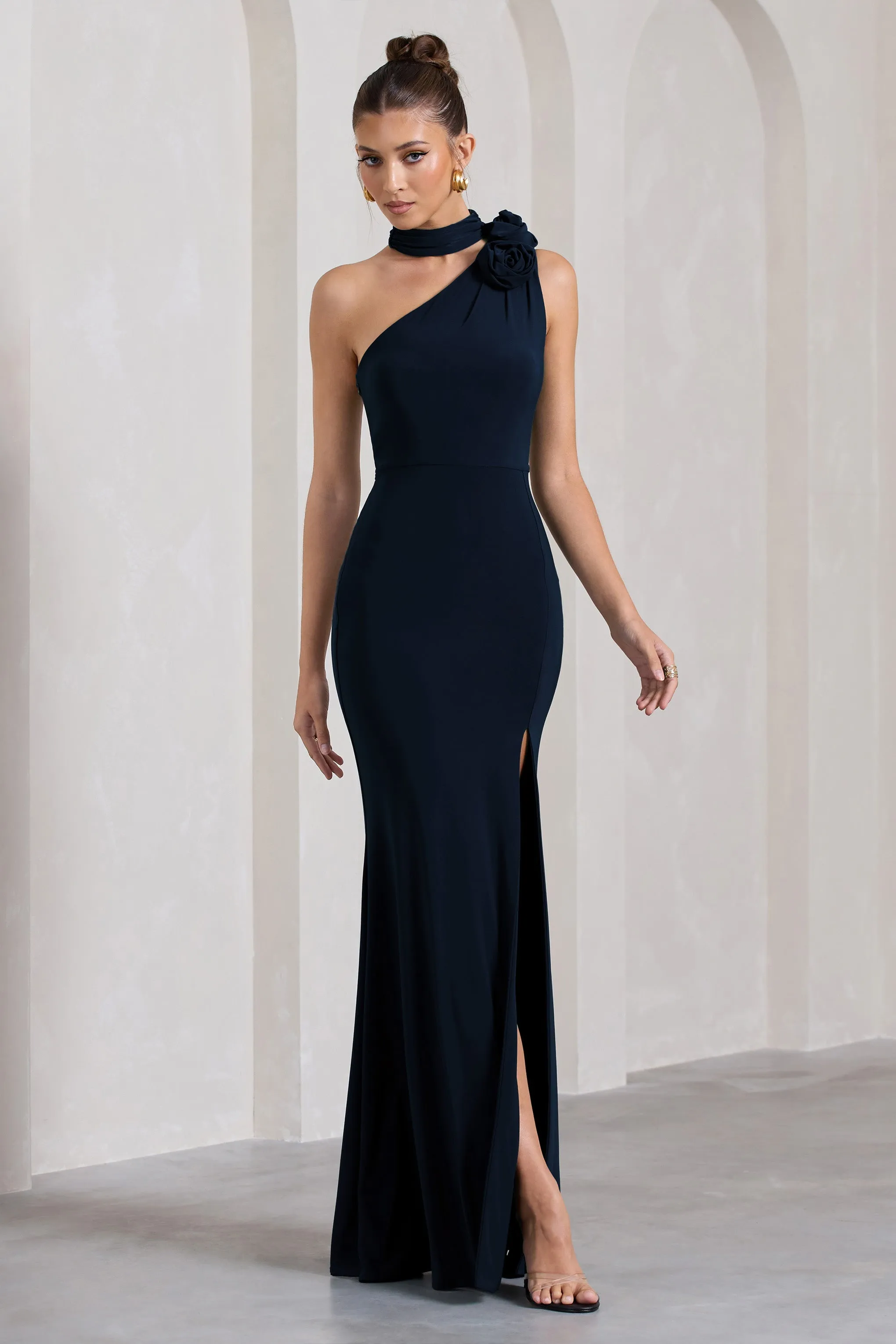 In Suspense | Navy One Shoulder Halter-Neck Split Maxi Dress With Flower sold by Club L London