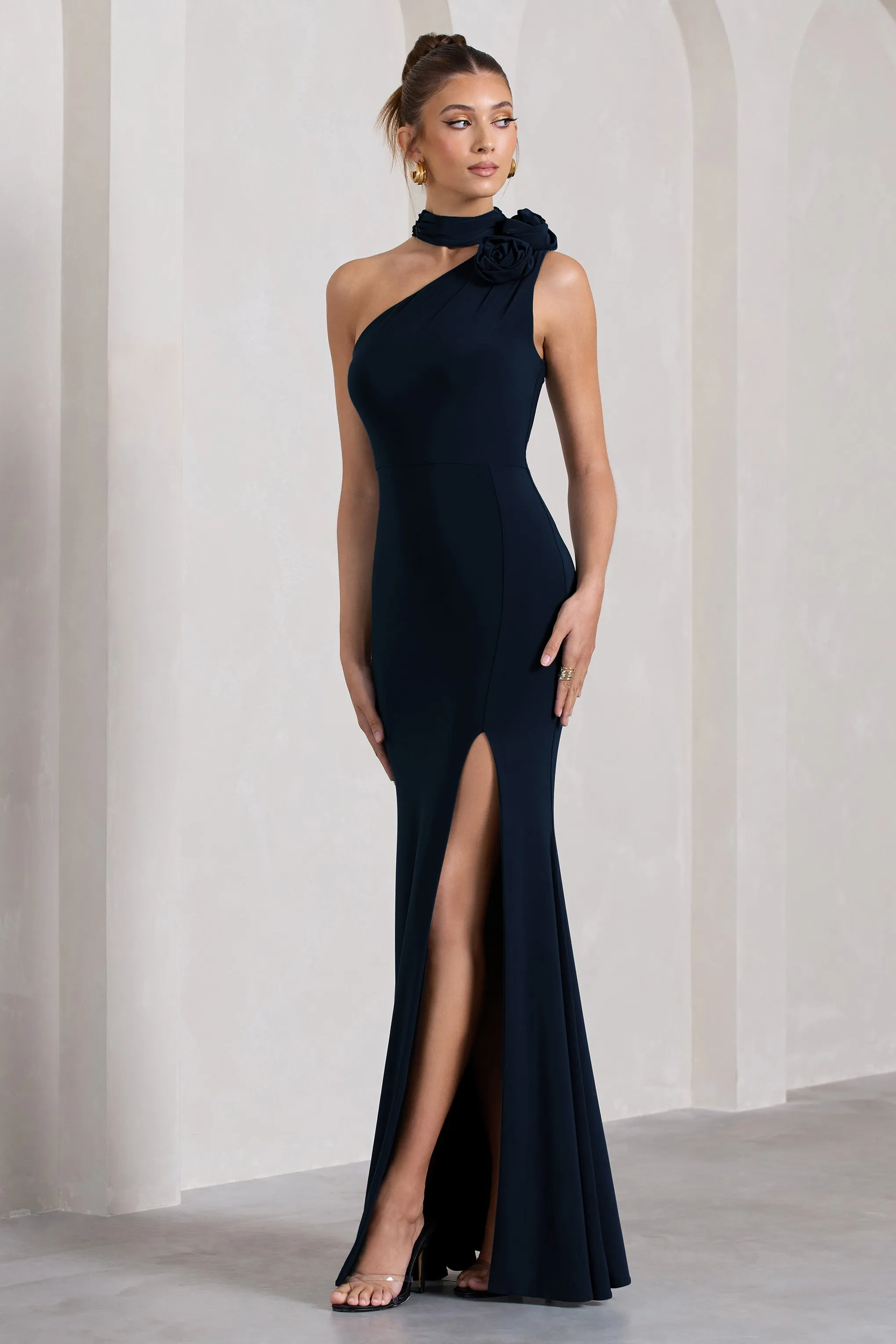 In Suspense | Navy One Shoulder Halter-Neck Split Maxi Dress With Flower sold by Club L London product image thumbnail 5