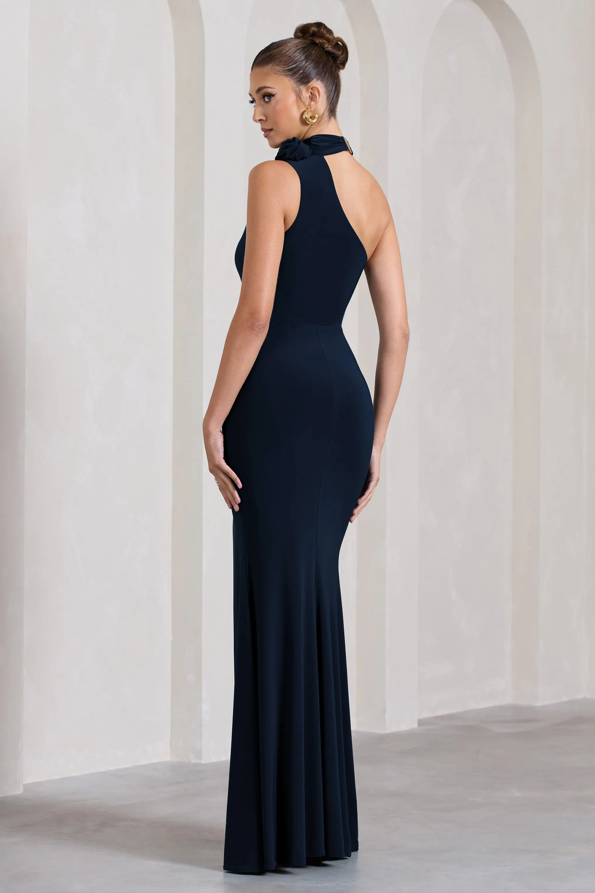 In Suspense | Navy One Shoulder Halter-Neck Split Maxi Dress With Flower sold by Club L London product image thumbnail 2